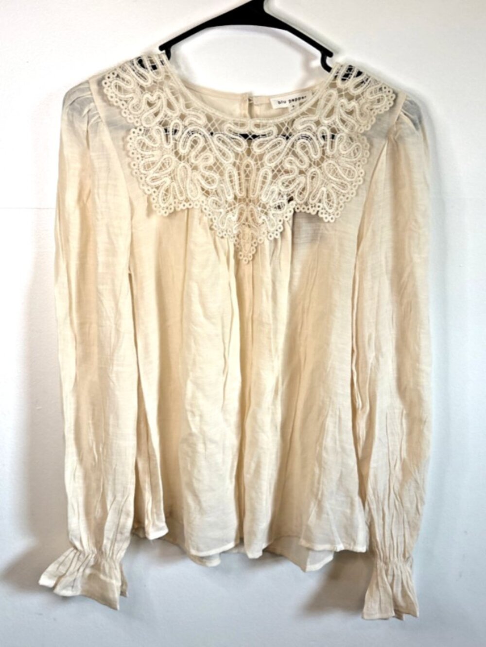Blu Pepper Cream Lace Peasant Tunic Top Puff Long Sleeve Blouse Women’s S